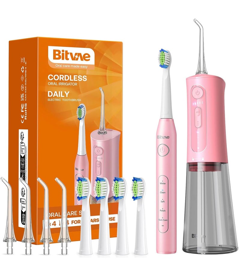 Bitvae Water Dental Flosser Teeth Picks Cordless Portable Oral Irrigator 5 Modes Sonic Electric Toothbrush with 3 Modes 5 intensities Water Teeth Cleaner Combo Quartz Pink